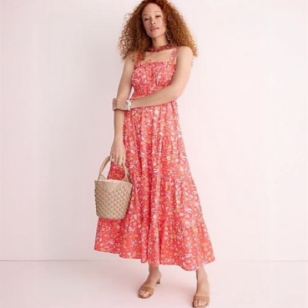 J.Crew Sunny Blooms Pink Floral Smocked Cotton Midi Dress Pockets Ruffle M - Picture 3 of 10